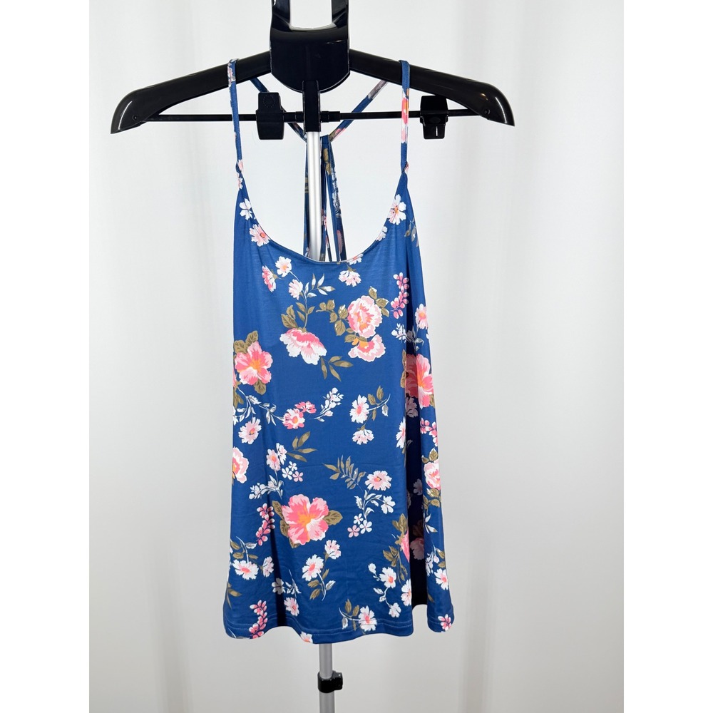 Blue Floral Strappy Racerback Camisole Tank Top XL Womens Sleeveless Scoop Neck